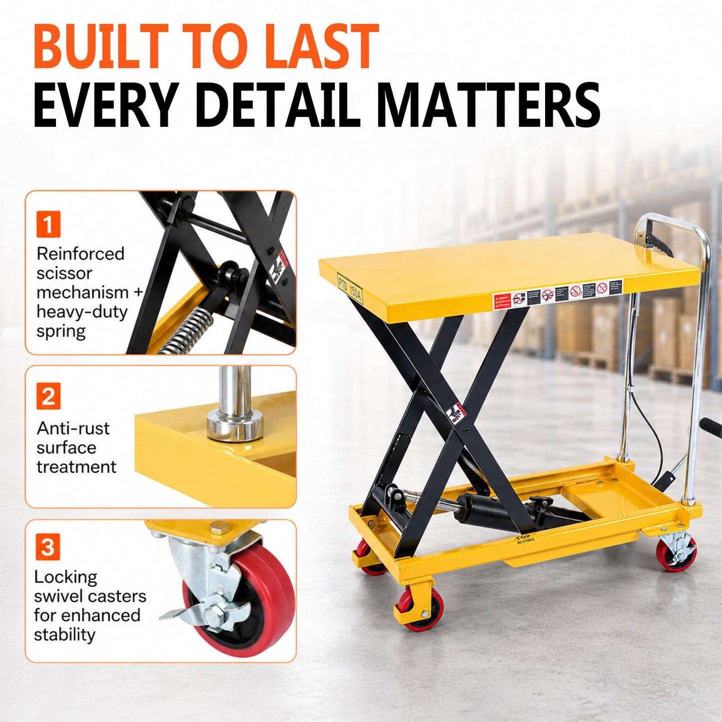 Claw Road 2026 New Hydraulic Lift Table Cart 500LB Capacity, 32" Lift Height, Manual Scissor Lift Cart with Foot Pedal, Release Handle & Locking PU Casters for Warehouse, Workshop, Garage, Yellow