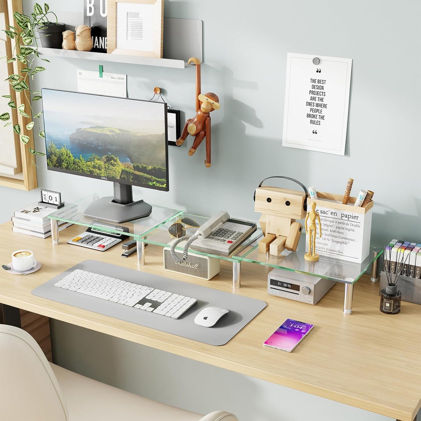 2 Simple Trending Dual Monitor Stand Riser, Computer Office Desktop Organizer for Monitors with Tempered Glass