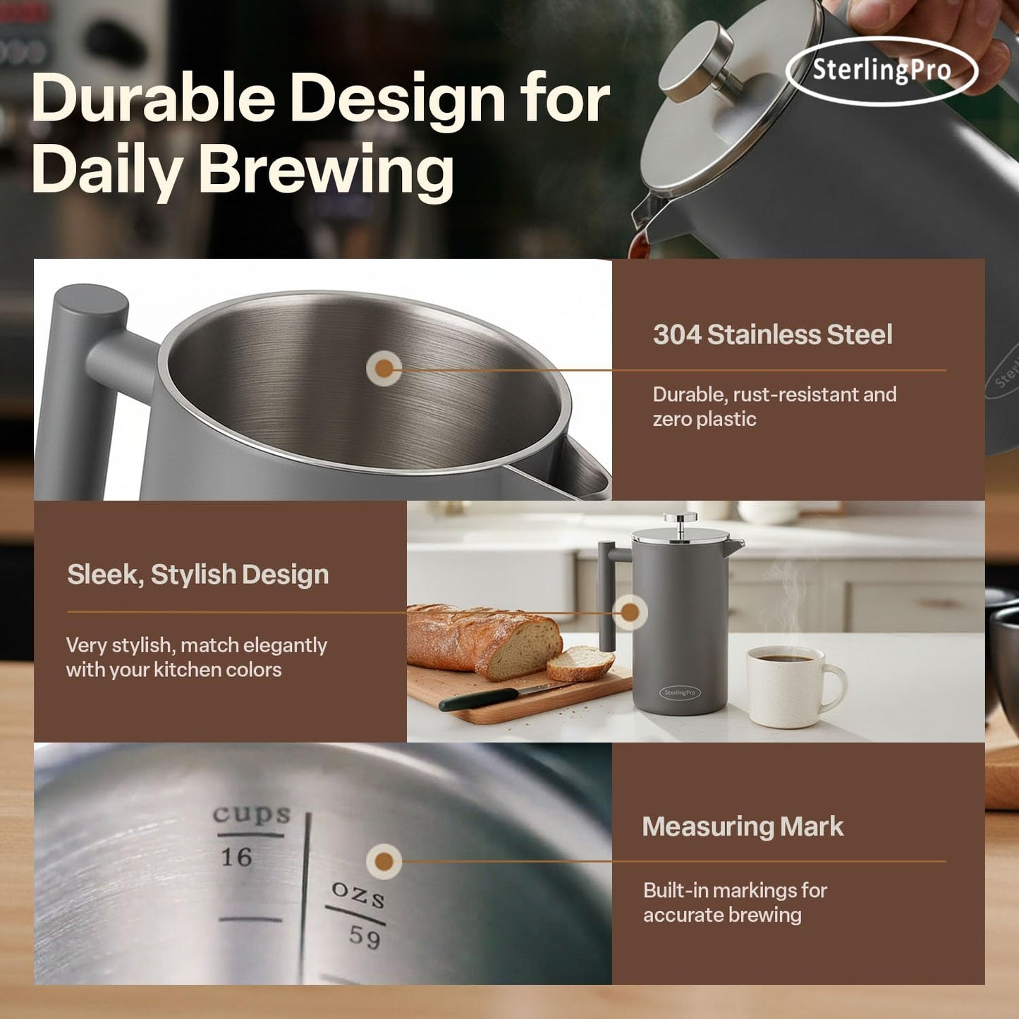SterlingPro 1.75 L 59 oz Grey Extra Large French Press Coffee Maker and 6 Pack Replacement Screens Bundle Stainless Steel Double Wall Insulated for Tea and Coffee