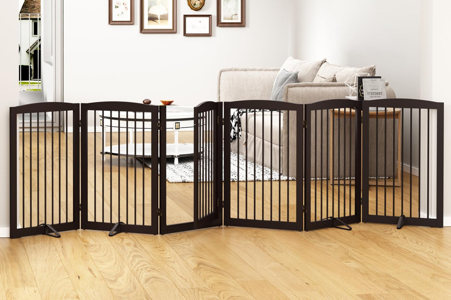 PUPETPO Freestanding Pet Gate with Door, Tall Dog Gate for House, Extra Wide, Pet Puppy Safety Fence, Support Feet Included, 120 Inch Wide, 6 Panels 32" Tall, Brown