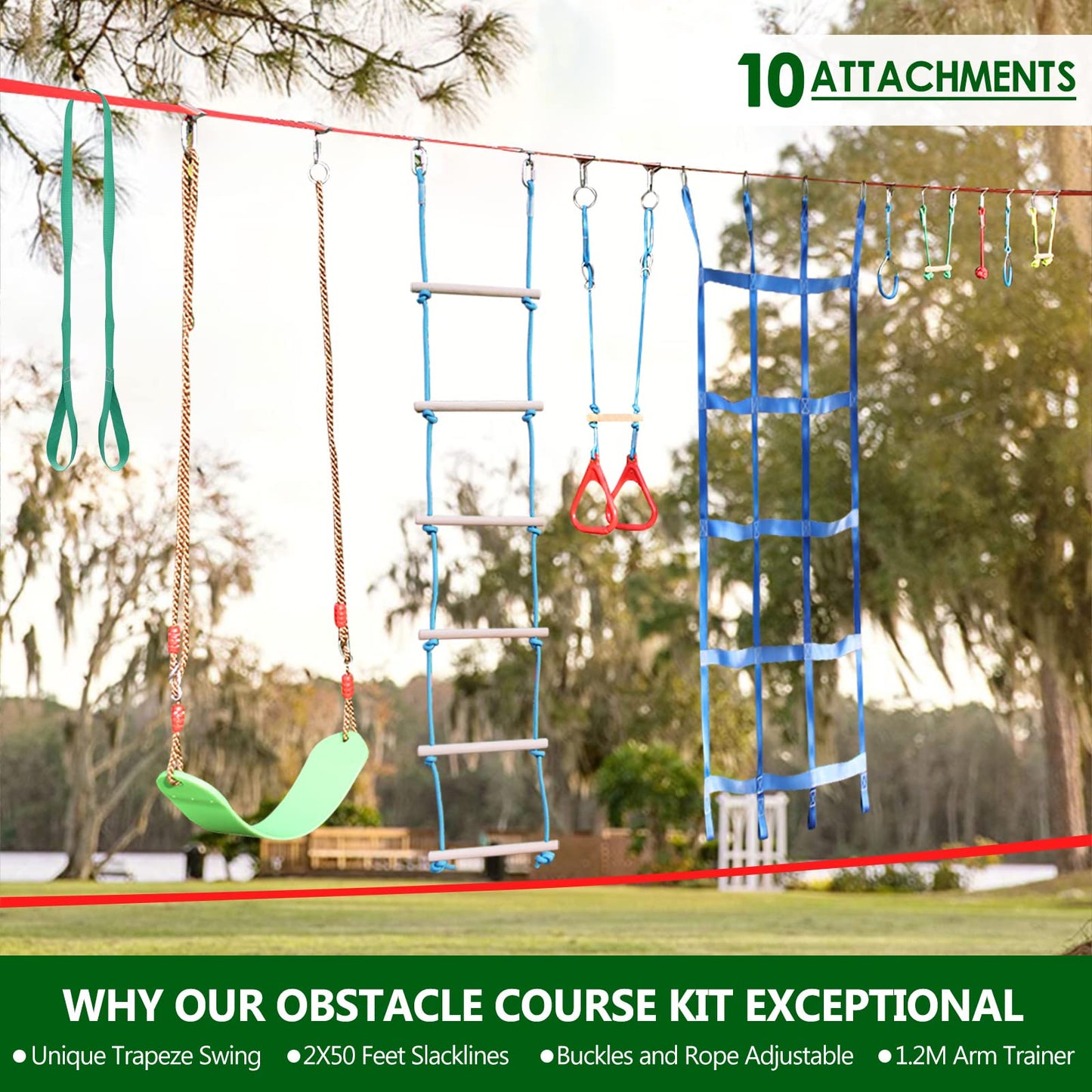 Ninja Warrior Obstacle Course for Kids Backyard - 2×50ft Slackline Kit with 10 Most Complete Accessories for Boys & Girls, Swing, Rope Ladder, Gymnastic Ring, Climbing Net, Arm Trainer and Monkey Fist