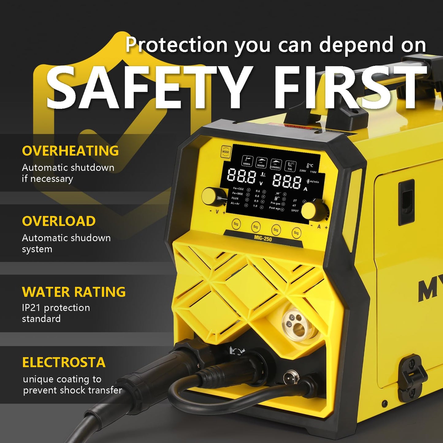 MYCASS 250A MIG Welder,5 in 1 Gas MIG/Gasless Flux Core/Stick/Lift TIG/Spot Welding/Spool Gun Compatible Aluminum Welding Machine Large LED Display 110V/220V Multi Process Welder