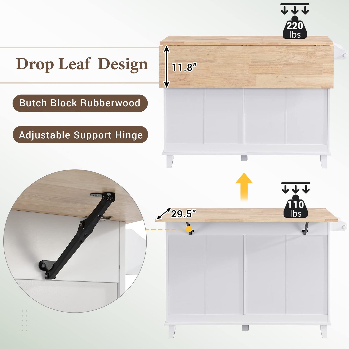 Bellemave 3 Piece Kitchen Bar Table Set Kitchen Island Set with 2 Stools and Drop Leaf, Island Table Set with Seating, Storage Cabinet, Drawers and Towel Rack (White+Rustic Brown)