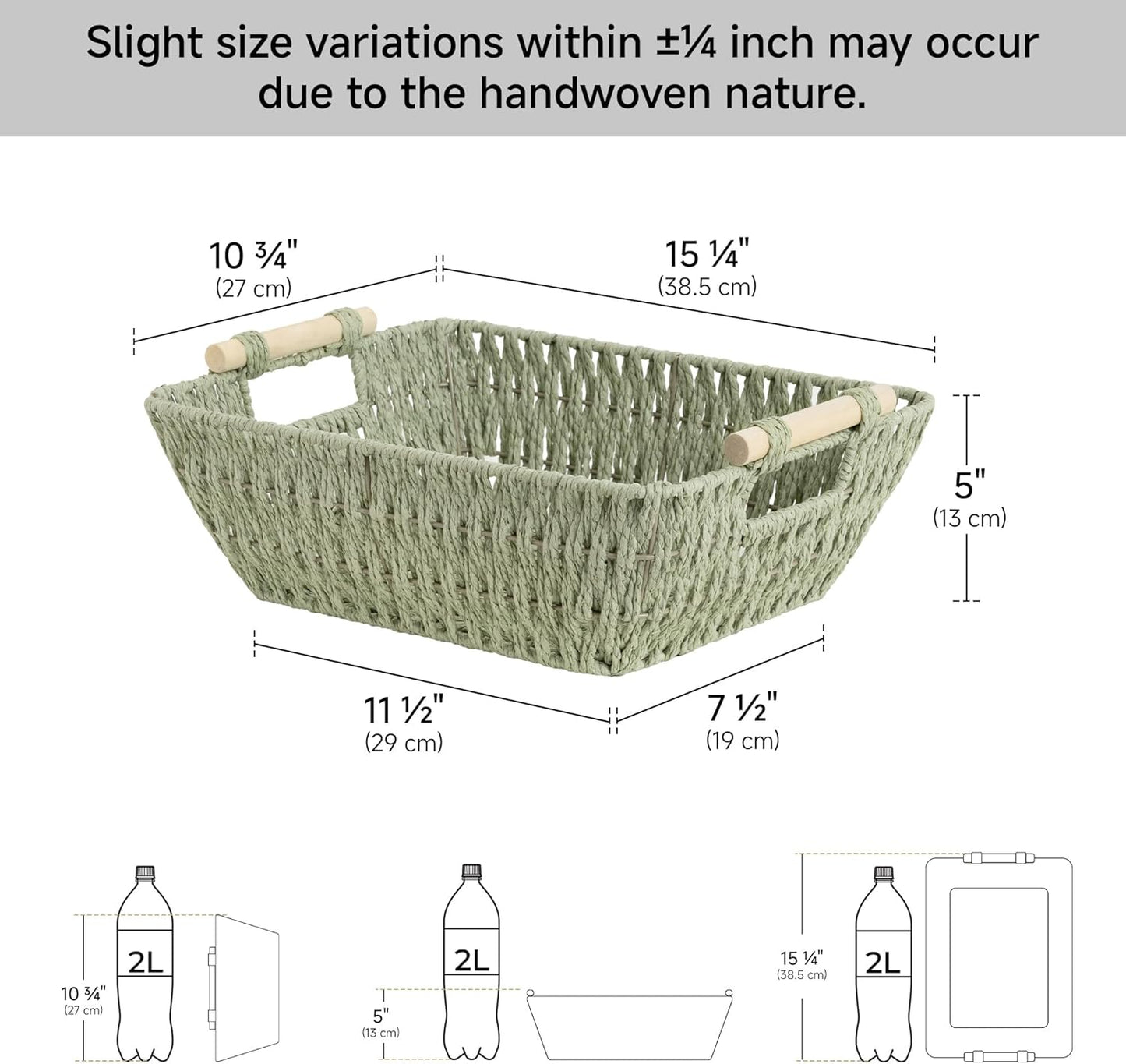 StorageWorks Large Wicker Storage Baskets - Organize with Wooden Handles, Bosana Green, 2-Pack