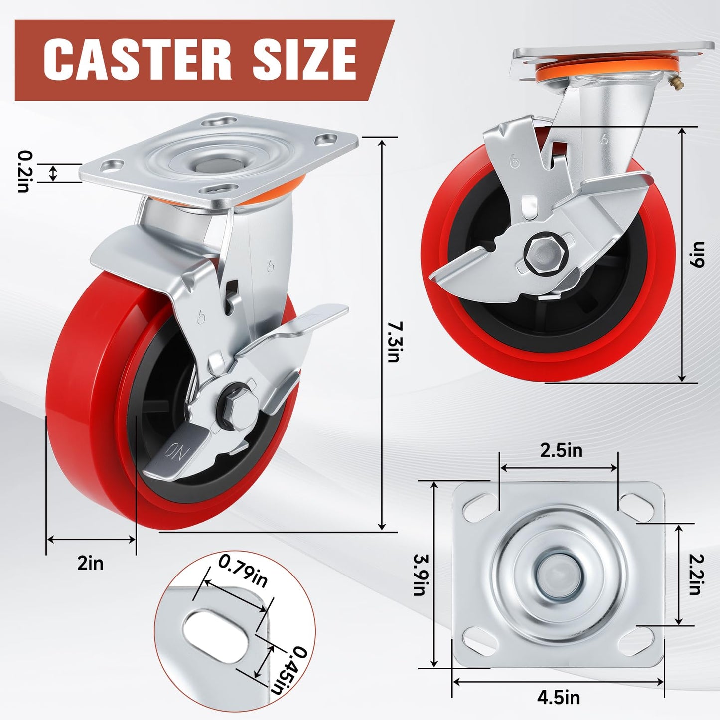 Caster Wheels,Industrial Heavy Duty Caster Set of 4,Polyurethane Surface TPE Casters,Load 5000Lbs Swivel Brake Plate Casters,for Industrial Equipment (2Side Brake & 2 Rigid, 6 inch)
