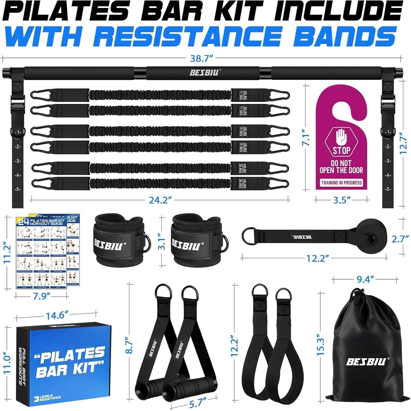 Pilates Bar Kit with Resistance Bands for Working Out, 210lbs Heavy Resistance Bands with Handles, Pilates Equipment with Resistance Band Bar for Men Women, Home Gym Full Body Workout Equipment