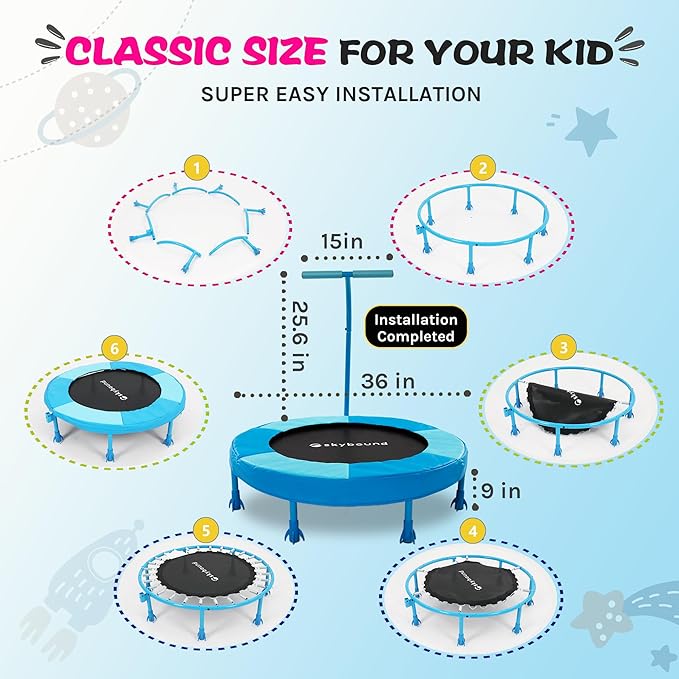 SkyBound 36 Inch Indoor Trampoline for Kids - Kids Trampoline Indoor with Handle - Toddler Trampoline with Upgraded 2.0mm Steel Pipe and Handlebar - Mini Indoor Trampoline for Kids Age 3 and Above