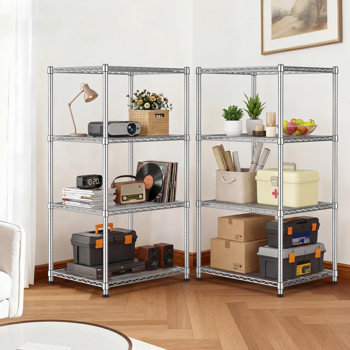 24"Depth Metal Wire Shelving Unit Metal Shelf Adjustable Storage Rack Kitchen Storage shelves 4 Tier Commercial Heavy-Duty 2200 LBS Sturdy Standing Steel for Home Garage Pantry 24"Dx 30"Wx59"H