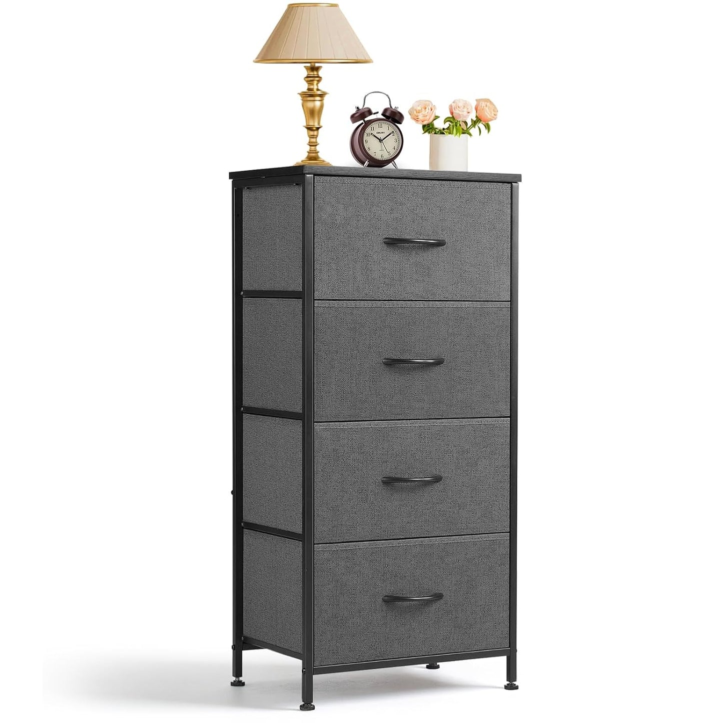 Regine Switzerland Nightstand - 4 Drawer Dresser with Wooden Top & Steel Frame | Gray Fabric Bins for Bedroom & Living Room