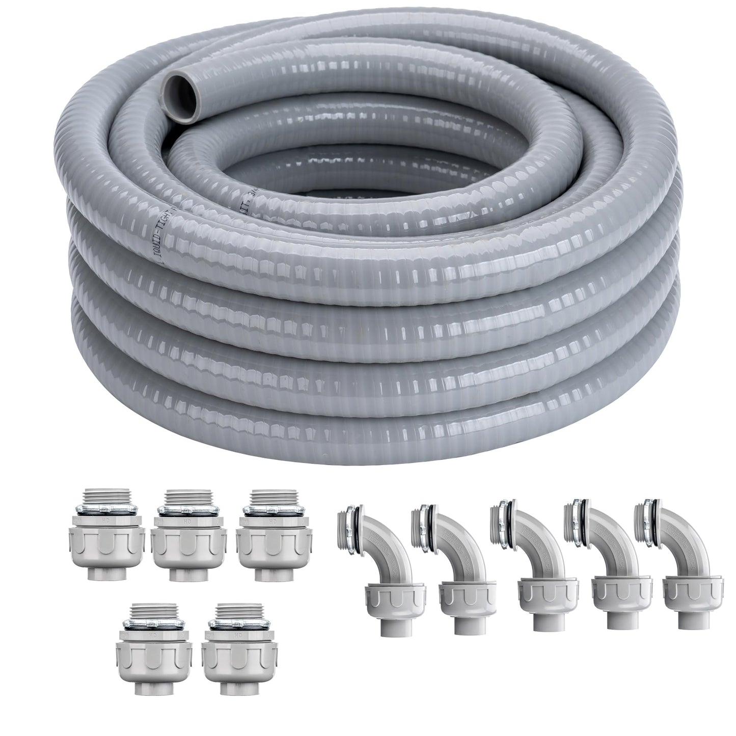 Geowaky 1 Inch 100 FT Liquid-Tight Conduit and Connector Kit Non Metallic Flexible Conduit Electrical Kit - 5 Straight and 3 Angle Fittings Included for Electrical Wiring