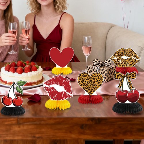 Cheetah Cherry Birthday Party Decorations Leopard Honeycomb Centerpieces Decor with Red and Black Cheetah Cherry Print Toppers Safari Animal Birthday Party Decorations Sulpplies for Women Girls
