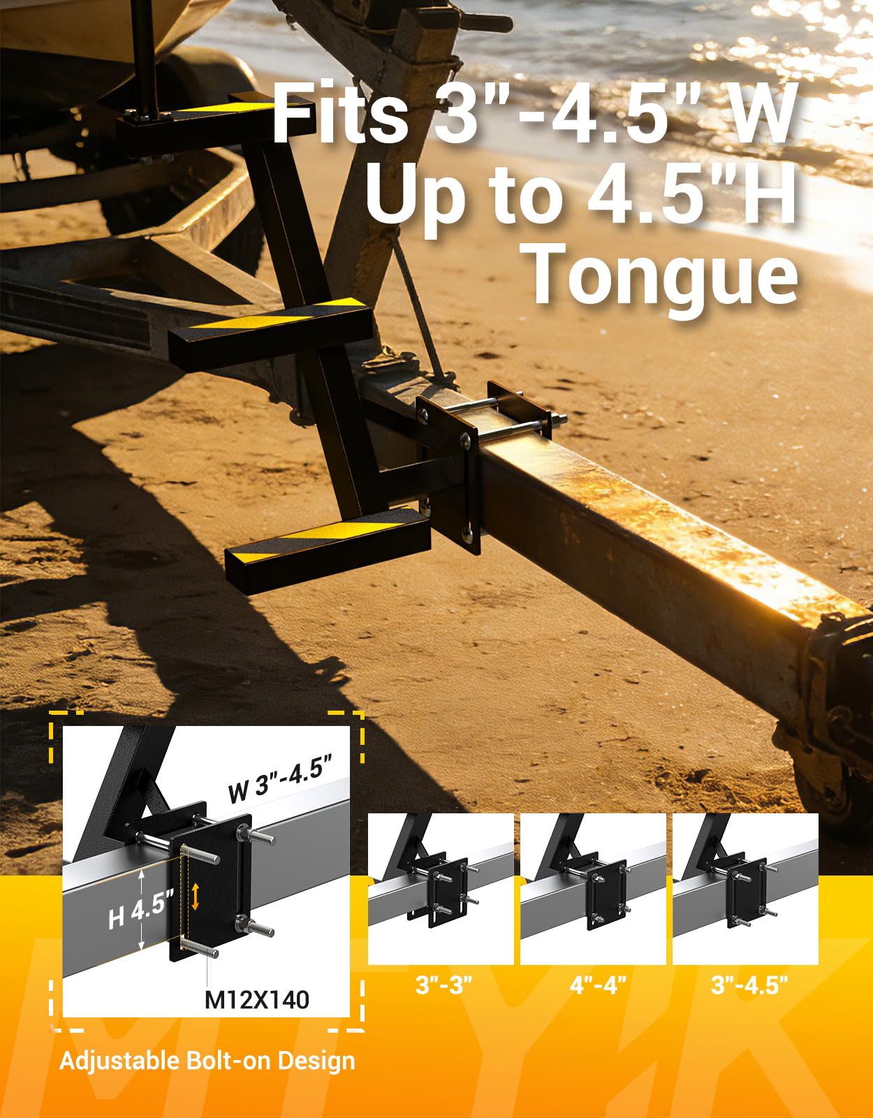 Boat Trailer Steps with Handle, Heavy Duty 3-Step Ladder for Trailer Tongue, with Non-Slip Step Pads, 500 lbs Load Capacity, Universal Fit for Most Bass Boats and Deep V Boats