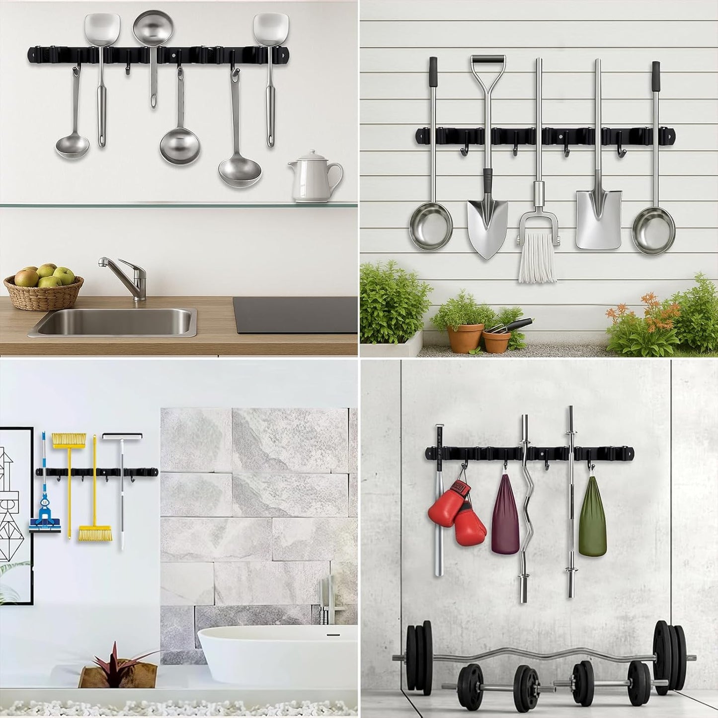 Skiennix Mop and Broom Holder - Heavy Duty Wall Mount Organizer with 5 Racks & 4 Hooks | Non-Slip, Self-Adhesive
