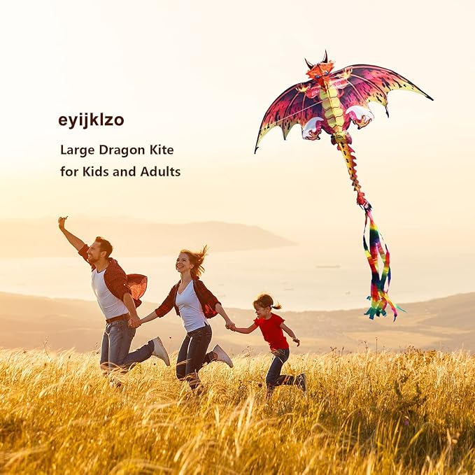 eyijklzo Green Dragon Kite Beautiful and Easy Flyer Kite for Children and Adult with Long Colorful Tail String Line Accessories Easy to Soar High Outdoor Sports Game Activities or Beach Trip