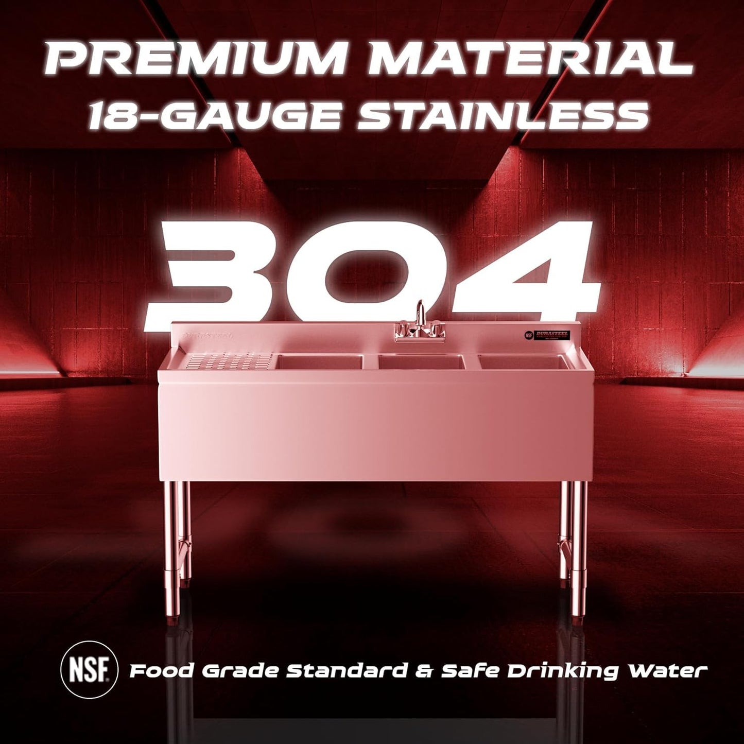 DuraSteel 3 Compartment Sink Commercial Kitchen Sink - NSF Stainless Steel Triple Three Bay Utility with CEC No Lead Faucet - Left Drainboard Restaurant Bar Small Garage Slop Prep Food Truck Large