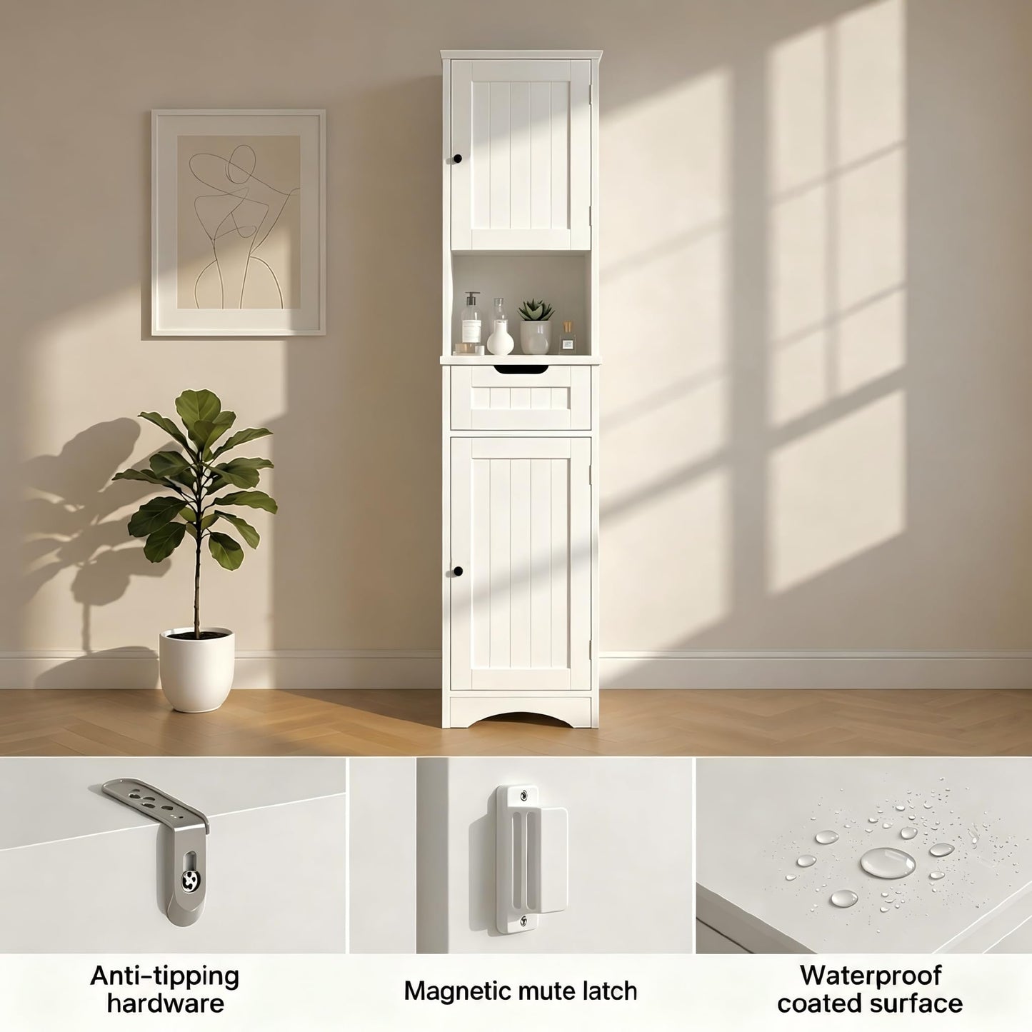Gizoon 67" H Tall Bathroom Storage Cabinet, Narrow Storage Cabinet with 2 Doors & Drawer, Towel Cabinet with Freestanding Adjustable Shelves for Small Spaces, Kitchen, Living Room, Anti-Tipping, White