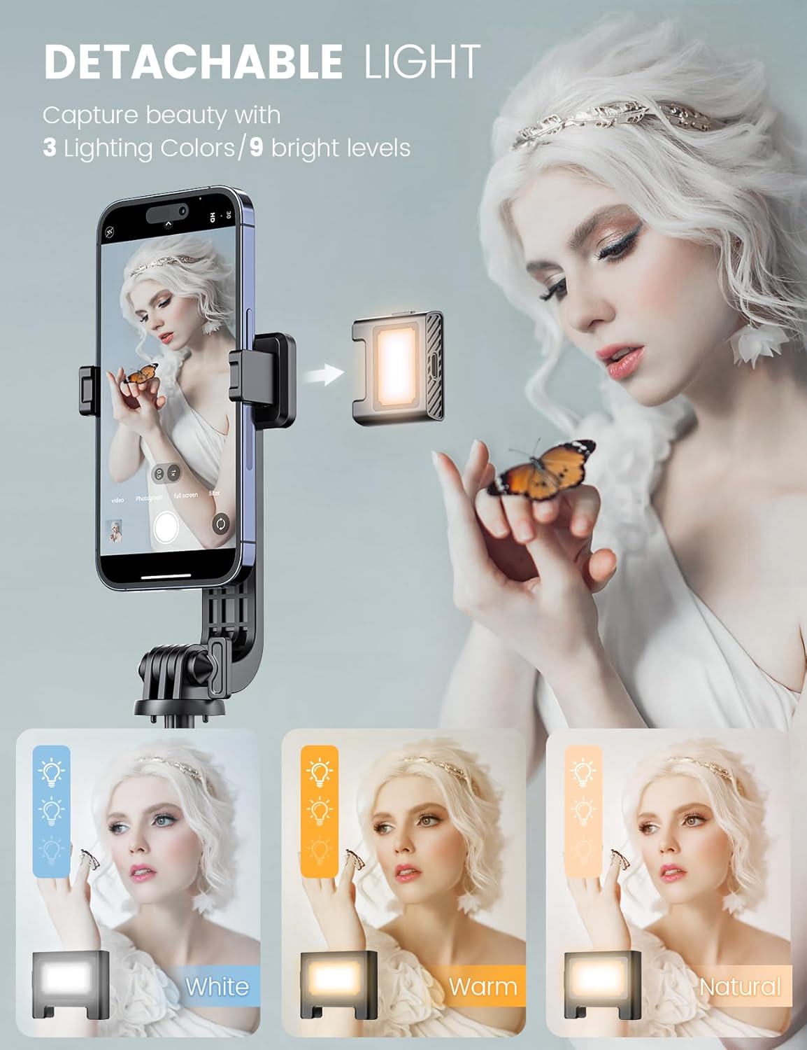 ANXRE 50" Selfie Stick Tripod with Fill Light and Stable Base, Extendable Phone Tripod with Detachable Wireless Remote