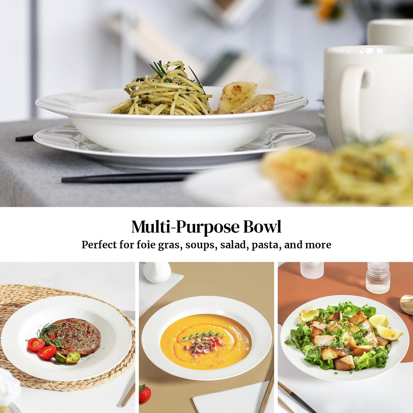 DOWAN Soup and Pasta Bowls Set of 4, White Porcelain Wide Rim Salad Plates, 20 Ounces, Microwave & Dishwasher Safe