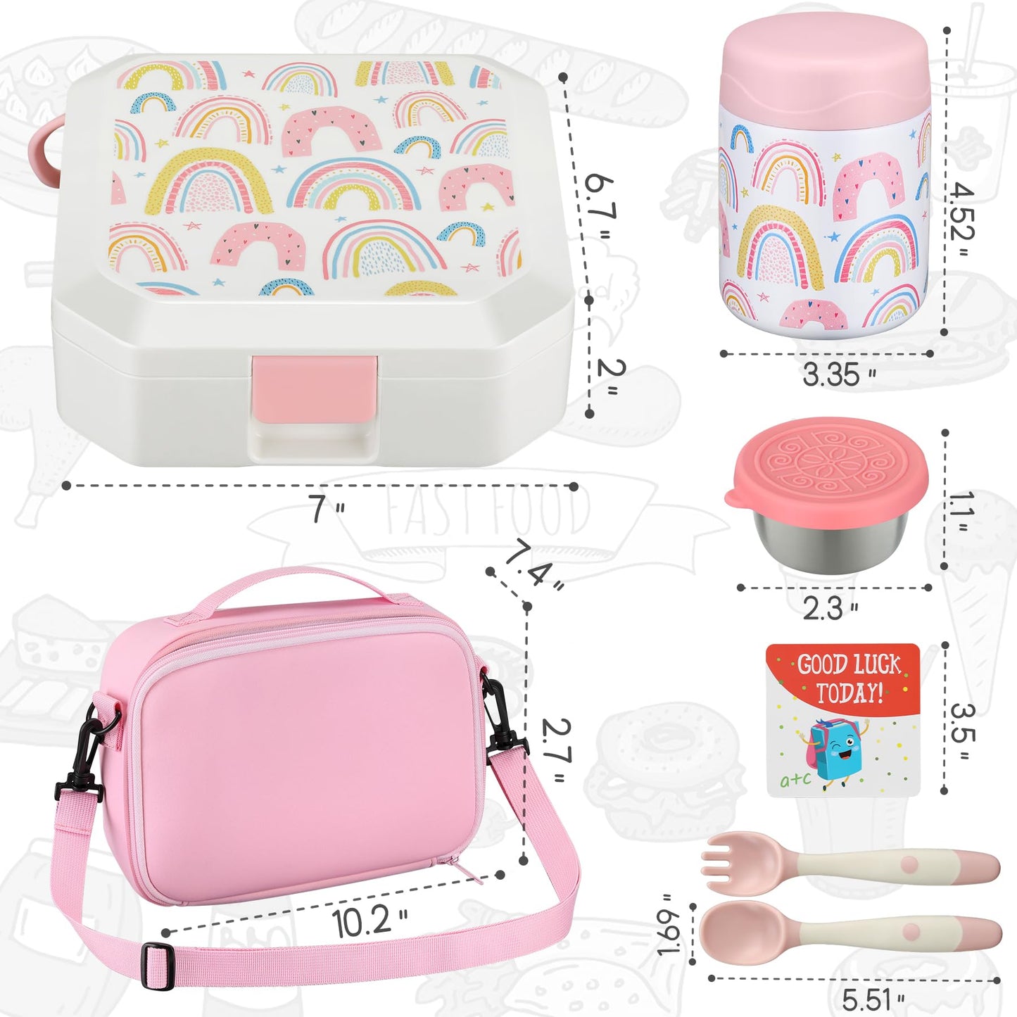 Itslife Bento Lunch Box Set for Kids with 12oz Soup Thermo&Lunch Bag, Leak-Proof Lunch Food Containers for Kids School, 5 Compartment, Sauce Cup, 10 Notes (Rainbow White)