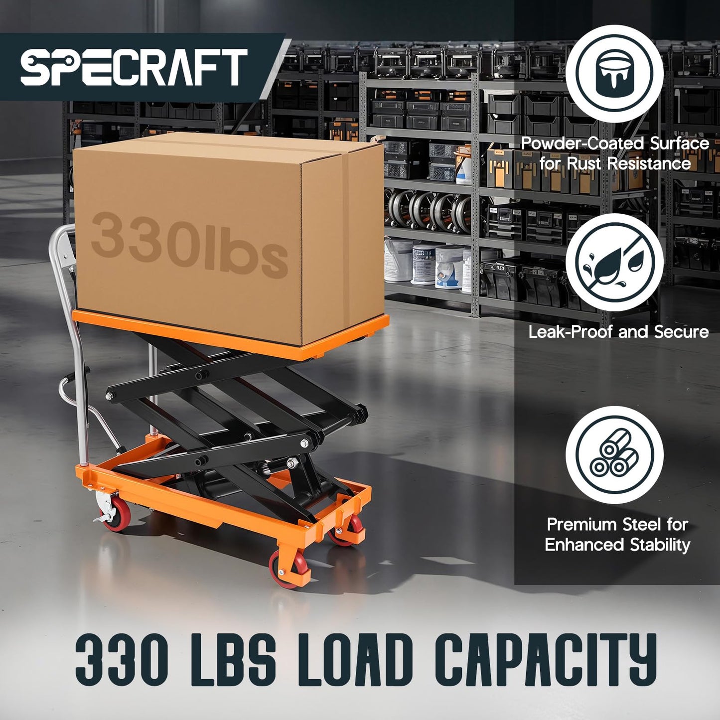 Specraft 330 lbs Hydraulic Lift Cart, Double Scissor Lift Table Up to 50", 4-Wheel Material Handling Platform with Non-Slip Pad, Orange