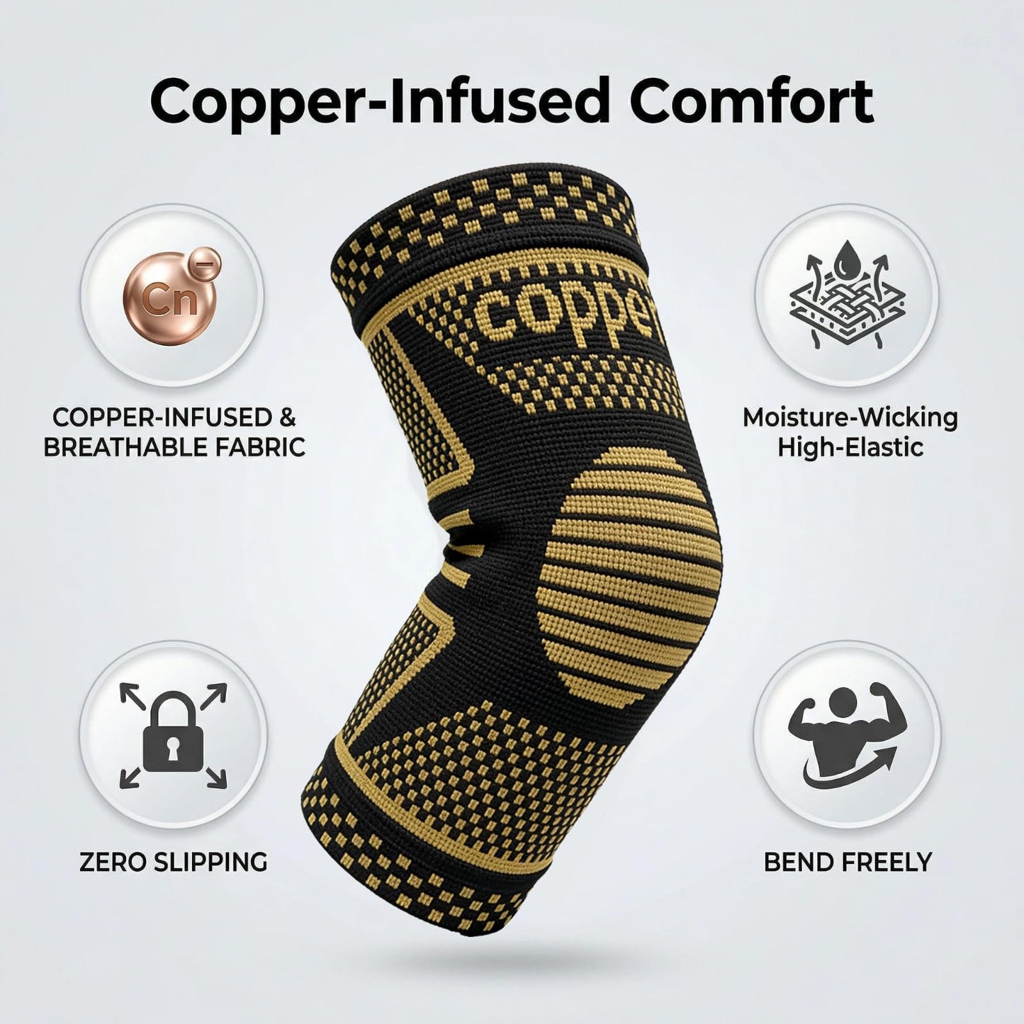 JIQUD Copper Elbow Compression Sleeve, Tennis Elbow Brace for Men and Women, 4-Way Stretch, Pain Relief, Recovery, Arthritis, Tendonitis, Bursitis (Black-Copper, Medium)