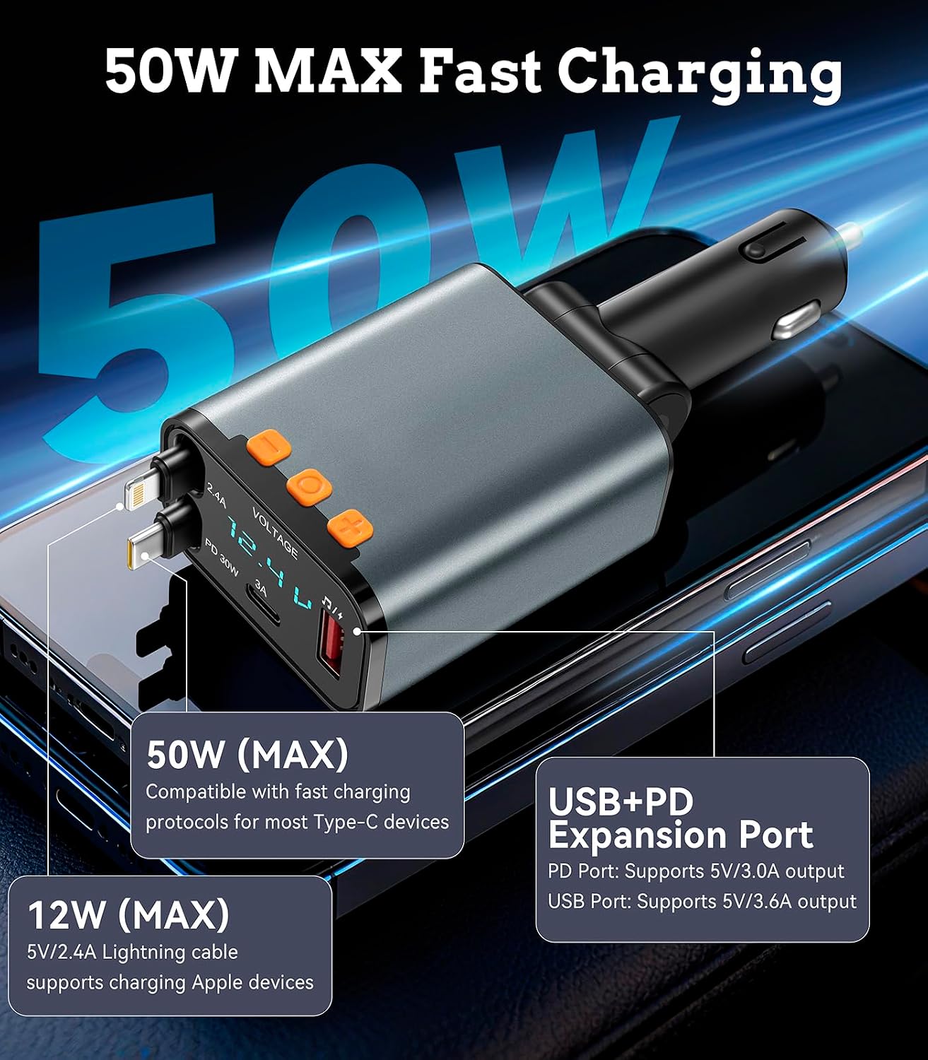 50W MP3 12V/24V PD Car Charger with Bluetooth FM, Retractable Type-C & Lightning Cables, Hands-Free Calling Kit, USB