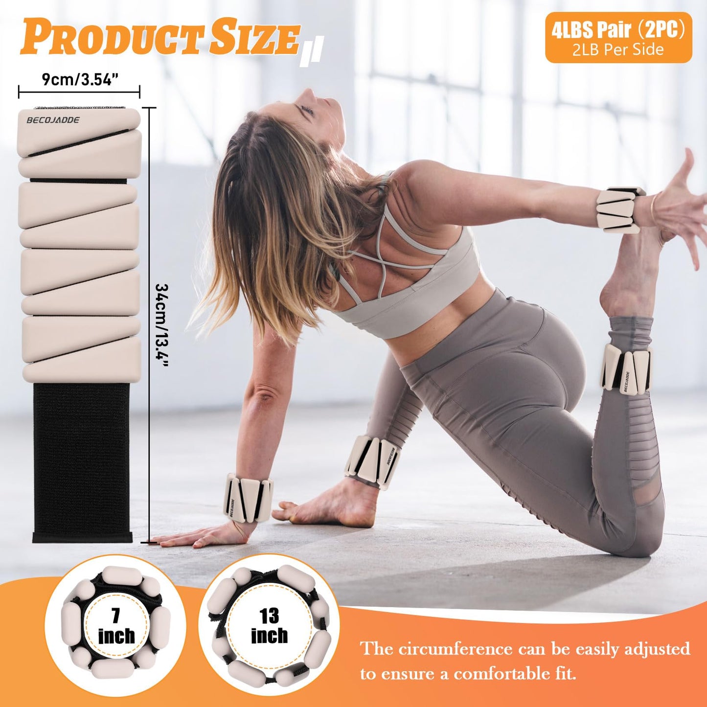 BECOJADDE Ankle Weights Set of 2 (2 lb Each) Adjustable Wrist Weights for Women Men Wearable Arm Leg Weight for Pilates, Running, Walking, Workout, Yoga, Beige