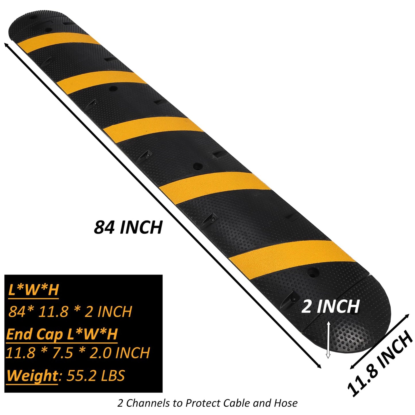 84'' Rubber Speed Bump, 1 Pack 2 Channel Modular Heavy Duty Speed Bumps Humps 25000 lbs Load Capacity, Cable Protector Ramp with 2 End Caps for Asphalt Concrete Gravel Driveway Road