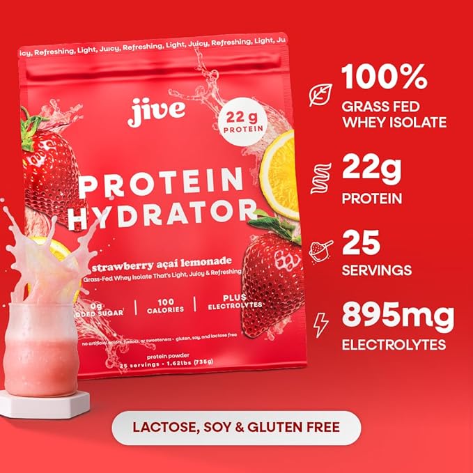 Jive Clear Protein Powder - 22g Grass-Fed Whey Isolate, 25 Servings - Strawberry Acai Lemonade - 895mg of Electrolytes - Zero Added Sugar - Clear Drink Protein Water & Juice