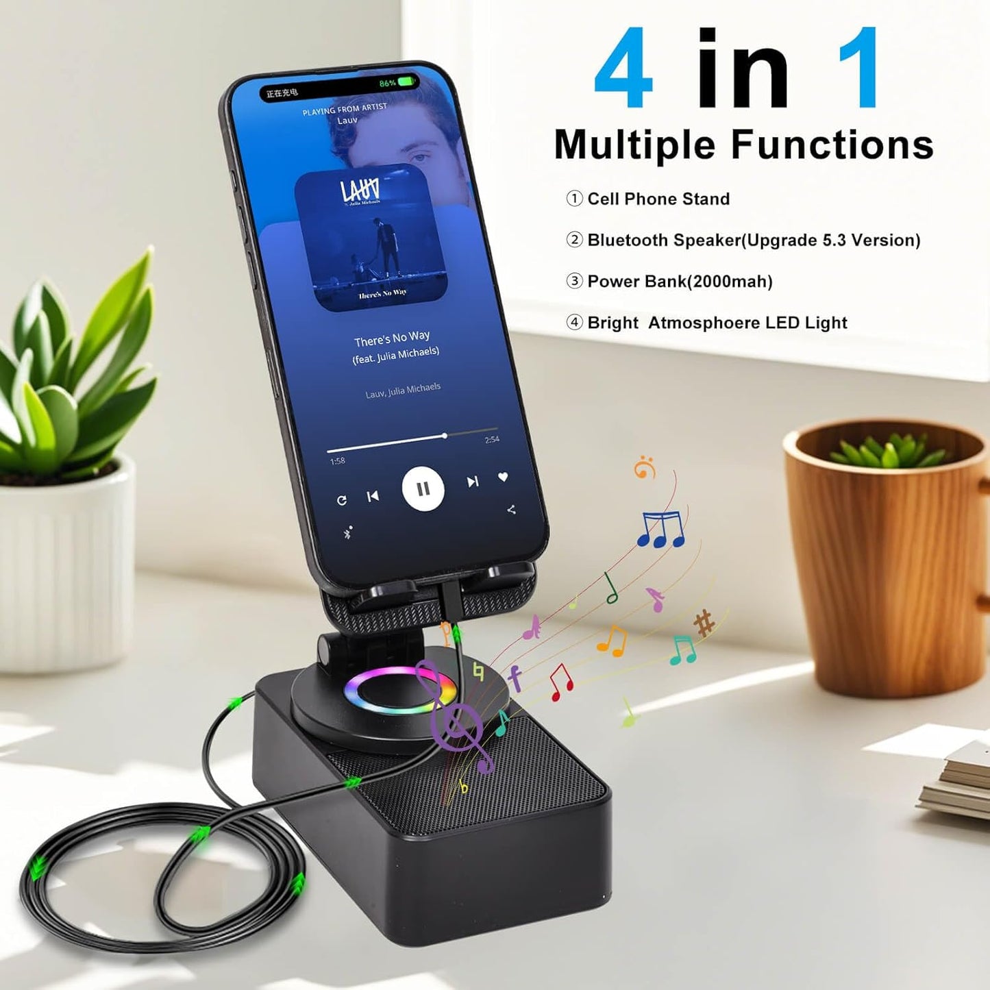 SMADOM Birthday Gift for Women Mom Men Dad Cell Phone Stand with Wireless Bluetooth Speaker and Portable Charger Led