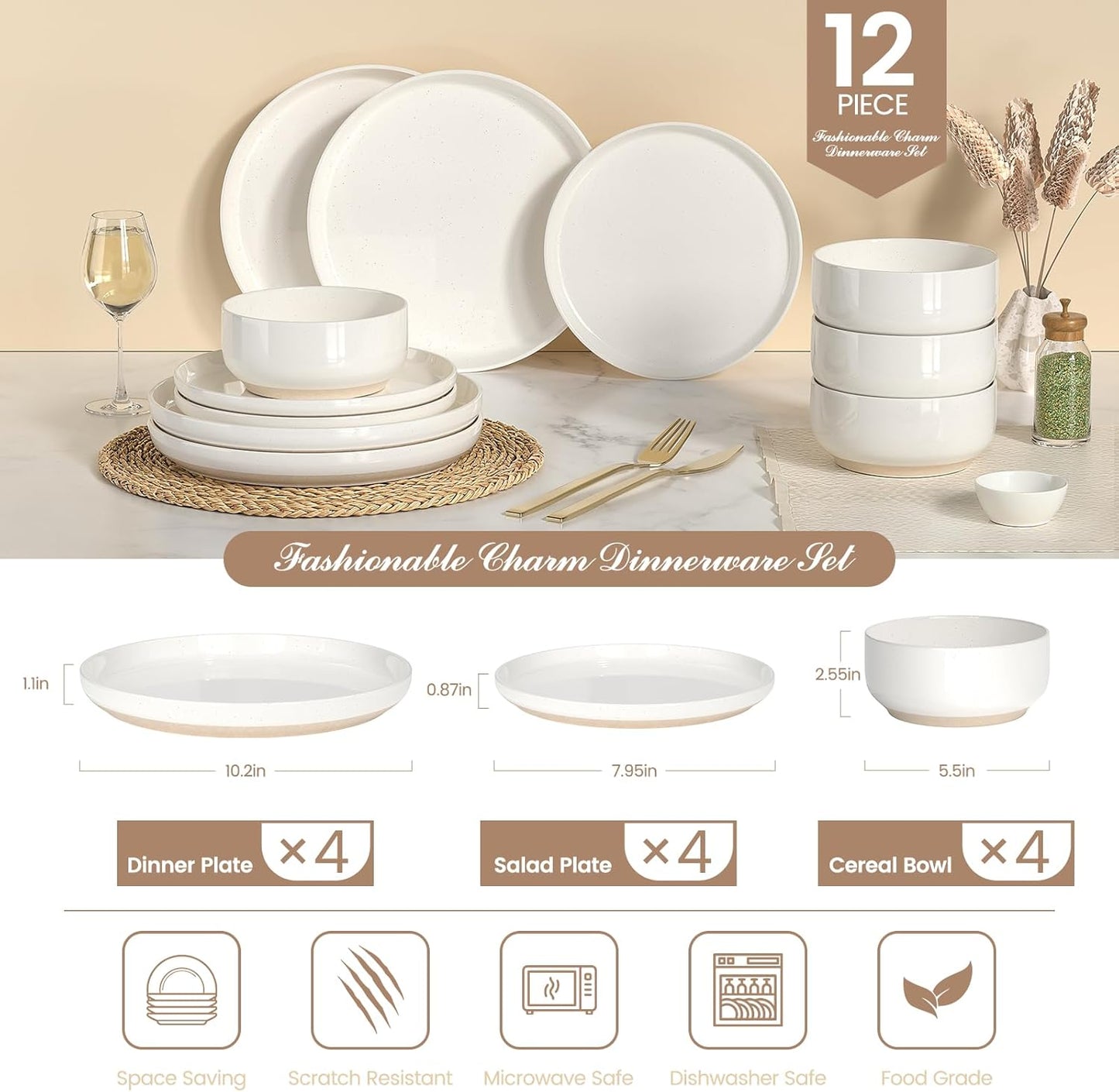 Skiennix Dinnerware Set - 12-Piece Ceramic Plates & Bowls Set for 4 | Scratch Resistant, Microwave & Dishwasher Safe, Cream White