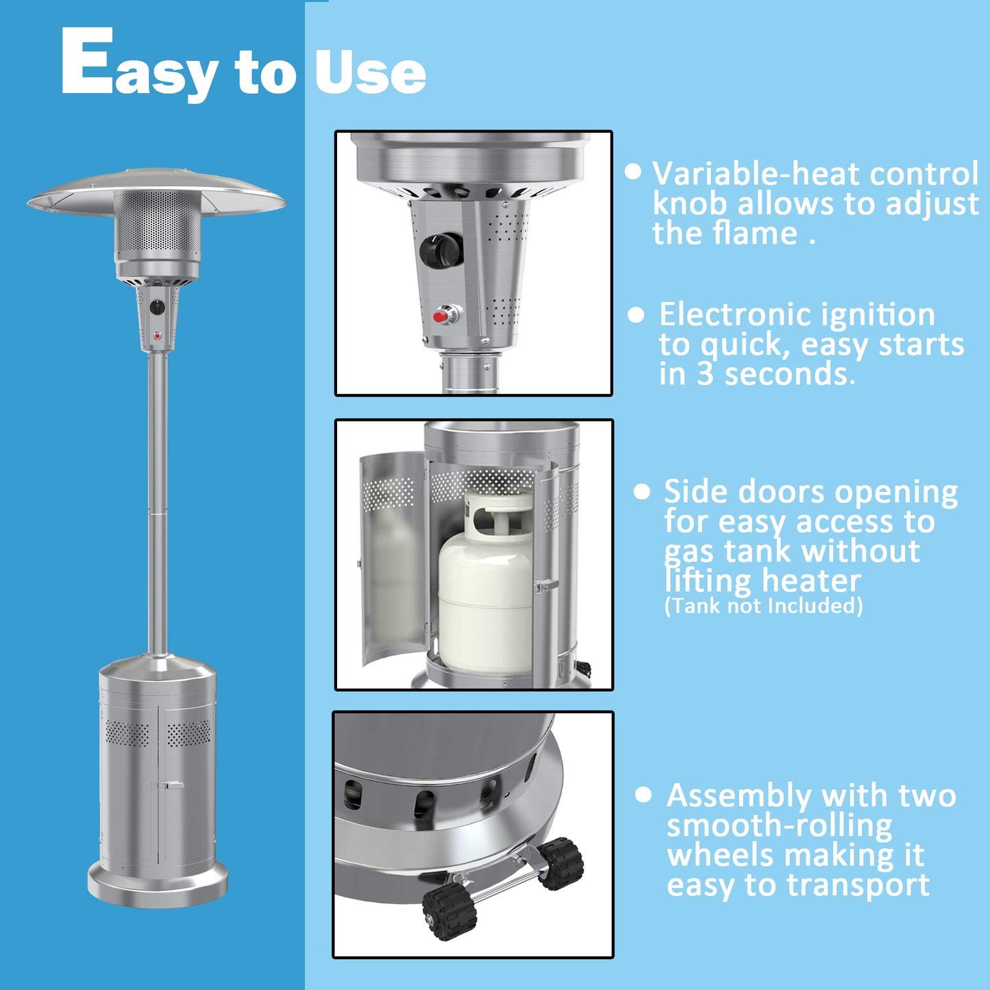 Gas Patio Heater with Wheels And Cover，48,000 BTU of Outdoor Portable LP Propane Commercial Heater ，automatically shuts off gas flow,with CSA Certified for Garden