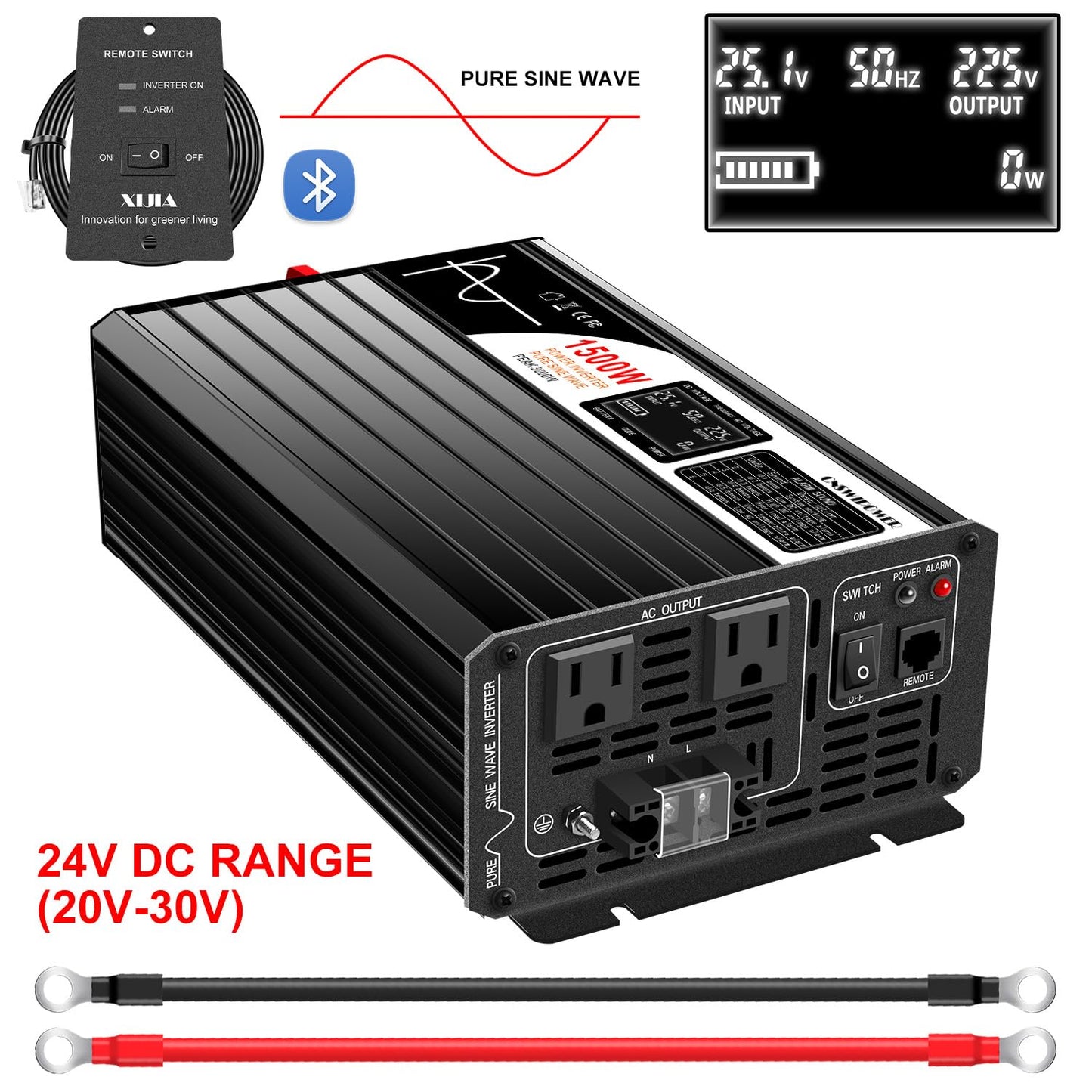 Xijia 1500W Power Inverter，24V to 120V Pure Sine Wave Inverter，Surge 3000W Solar Converter for Truck，Home Backup Solar Systems ，with Bluetooth Remote Control