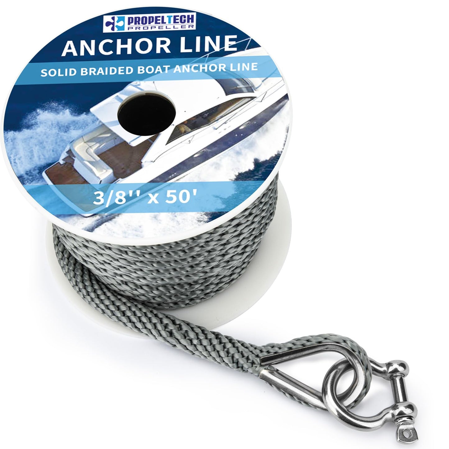 Boat Anchor Rope 3/8 inch 50ft Premium Solid Braid Nylon MFP Boat Rope with Stainless Steel Thimble & Shackle, Quality Marine Line, Grey,Boat Accessories