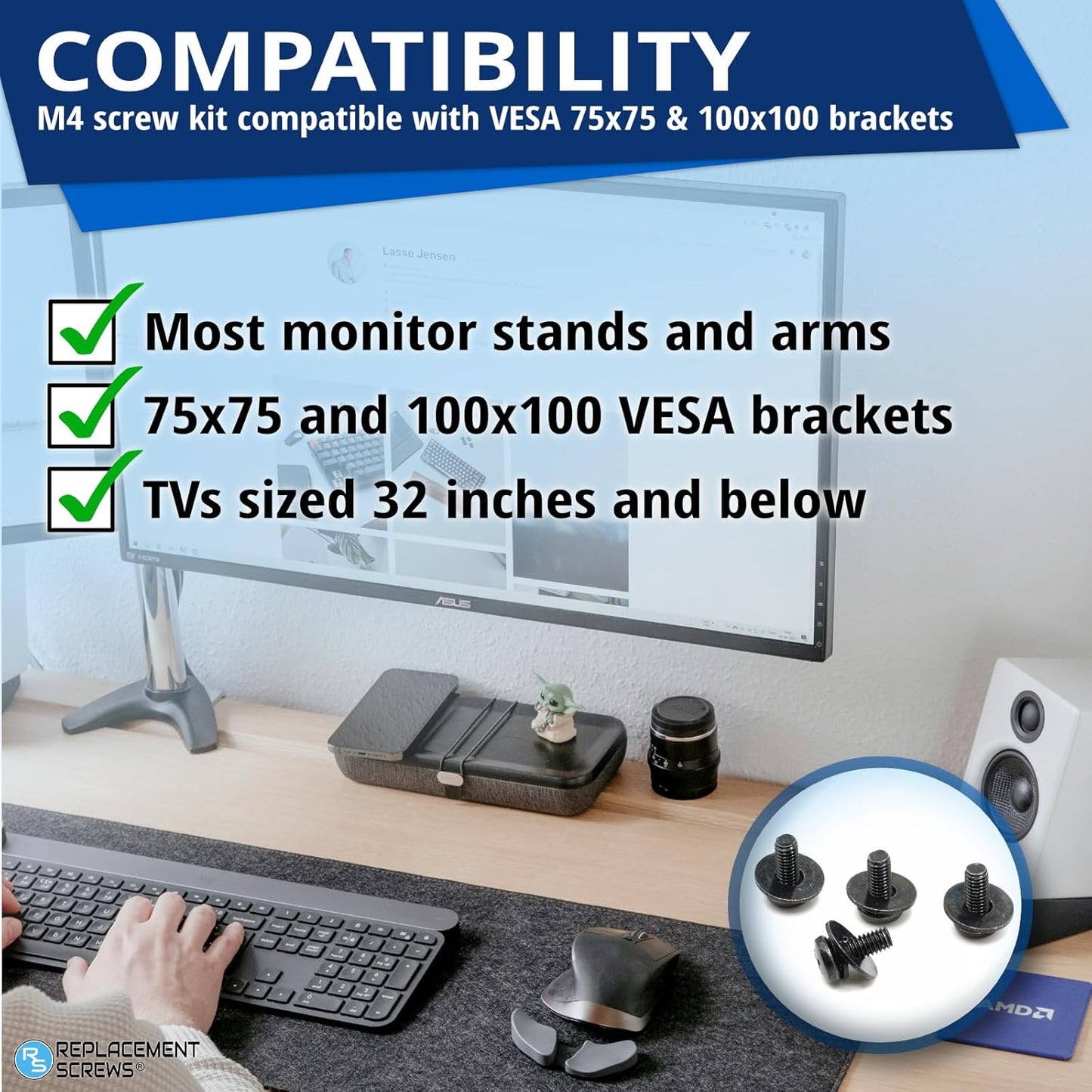 ReplacementScrews M4 10mm 75x75mm 100x100mm VESA Compatible TV/Monitor Wall Mount Screws for and Brackets. Metric