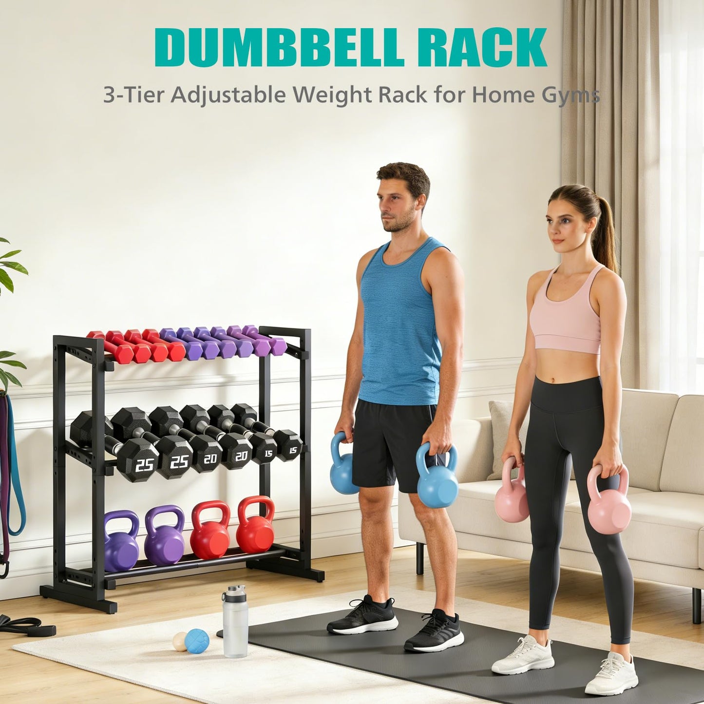 Kificet 3 Tier Adjustable Dumbbell Rack, 33.6-Inch Weight Rack for Home Gym, Extended Base kettlebell holder for Home Gym, Space-Saving Dumbbell Stand - 900LBS Capacity (Rack Only)