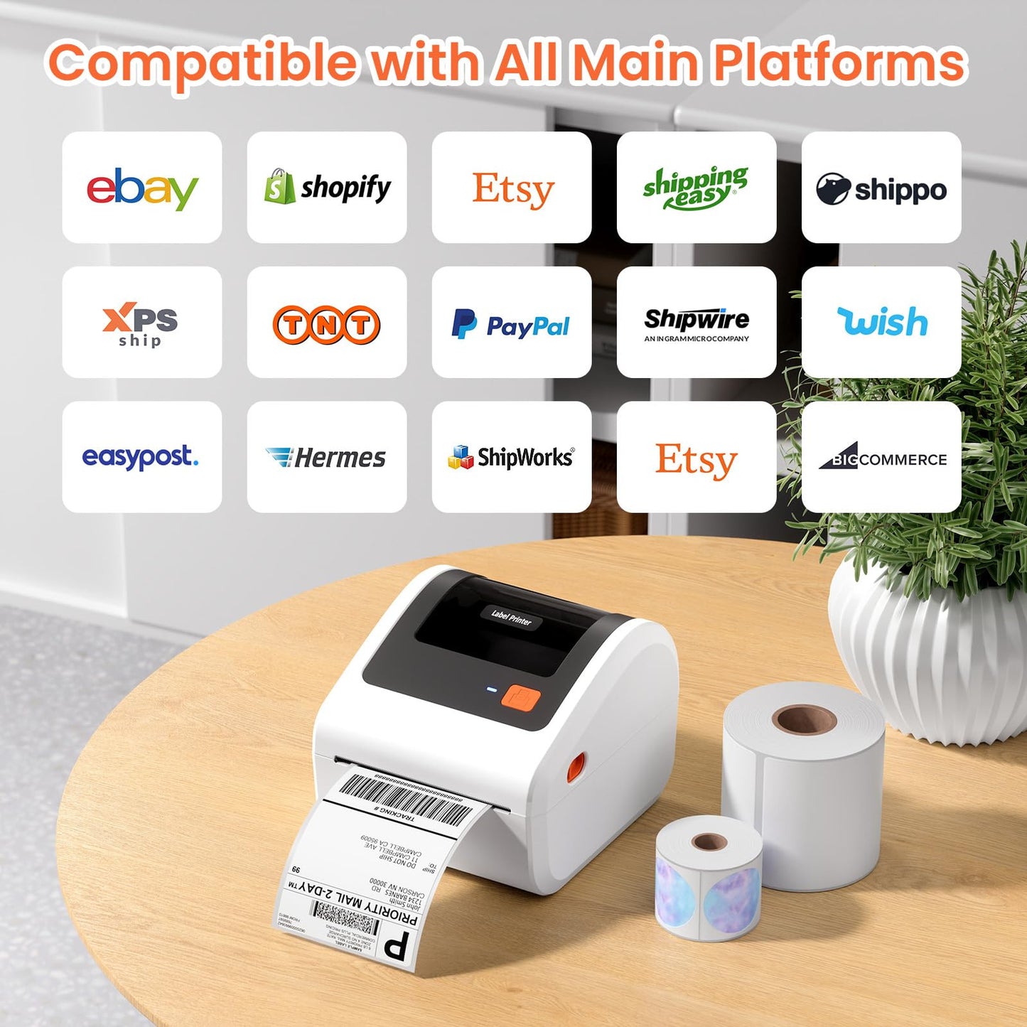 Omezizy Bluetooth Shipping Label Printer with 3 Roll Labels, D450BT White Thermal Label Printer 4x6 for Small Business, Thermal Printers Come with 750PCS 4x6‬ White Labels (250 Labels/Roll)