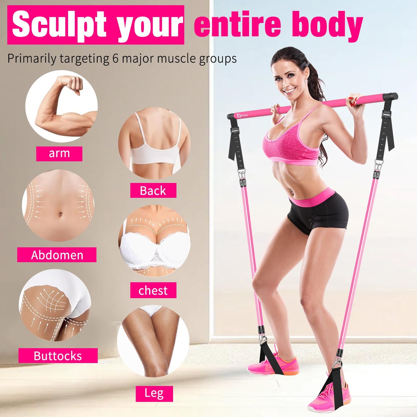 Bbtops Pilates Bar Kit with Resistance Bands(4 x Bands),3-Section Pilates Bar with Stackable Bands Workout Equipment for Legs,Hip,Waist and Arm,Portable Home Gym for Women Full Body (Pink30lbs,40lbs)