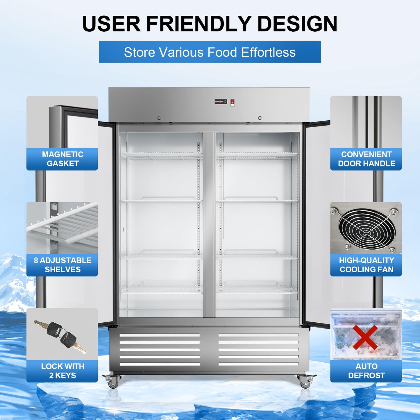 54"W Commercial Freezer 2 Door Stainless Steel Upright Freezer Reach-in Solid Door Upright Fan Cooling 36 Cu.ft 2 Section Freezer -8-1°F for Restaurant, Bar, Shop