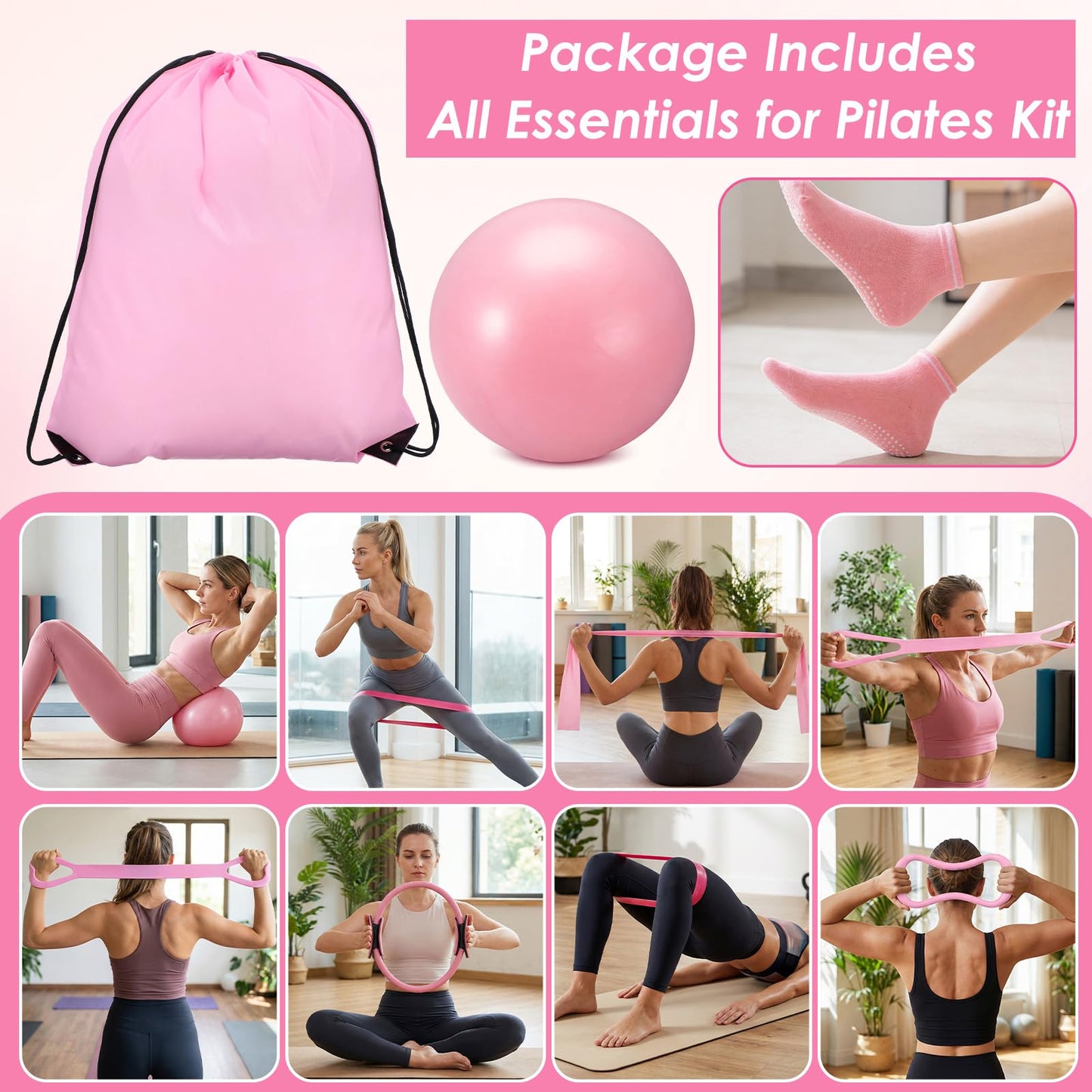 MSHHDK Workouts Pilates Equipment Set Pilates Kit for Home with Ring and Ball Resistance Bands Yoga Strap Socks Bag Guide Pilate Essentials Kit for Women Gym Home Starter Pilate Workout Kits