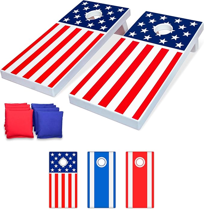 GoSports 4 x 2 ft All Weather Cornhole Boards - American Flag, Red, or Blue - Game Set Includes 8 Bean Bags & Rules