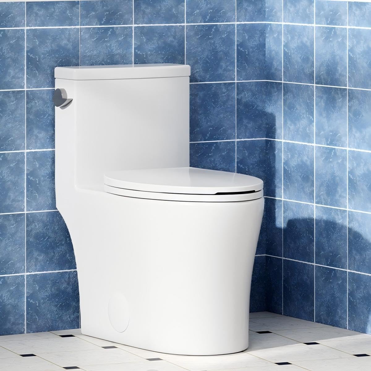 Toilet White One-Piece, Water Efficient Single Flush 3/4.8L, Soft-Close Seat, Side Push Handle, Quick Install, Modern Home Bathroom Toilet, Comfortable Elongated Bowl, Low Consumption, Easy Cleaning