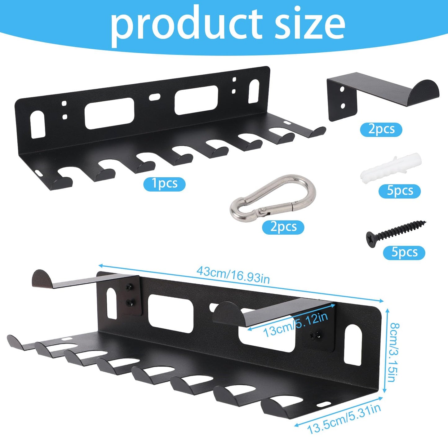 Multi-Purpose Gym Equipment Storage Rack, Heavy Duty Wall Mount Home Gym Organization with Carabiner for Resistance Bands Yoga Mat Jump Ropes Weight Belts Straps