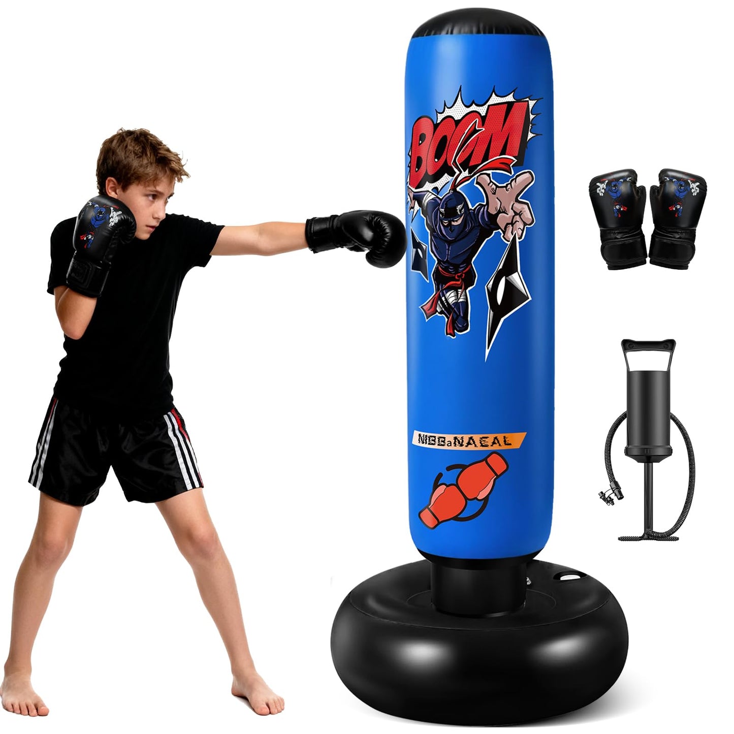 NIBBaNACAL Punching Bag for Kids 8-12, 63" Ninja Inflatable Boxing Bag with Gloves, Kids Punching Bag Gifts for Boys & Girls, 5-in-1 Boxing Set for Practicing Karate & Taekwondo
