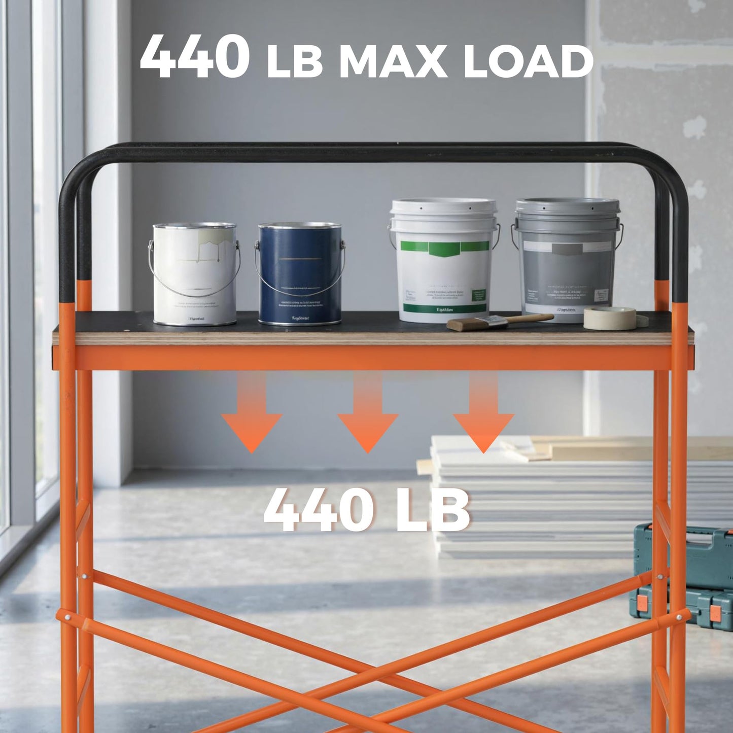 HOMCOM 4-Step Steel 4.6 x 2 x 6 ft. Scaffold 2 Wheels Free Moving for Indoor & Outdoor Decoration Anti-Skid, 440 Pound Capacity, Orange
