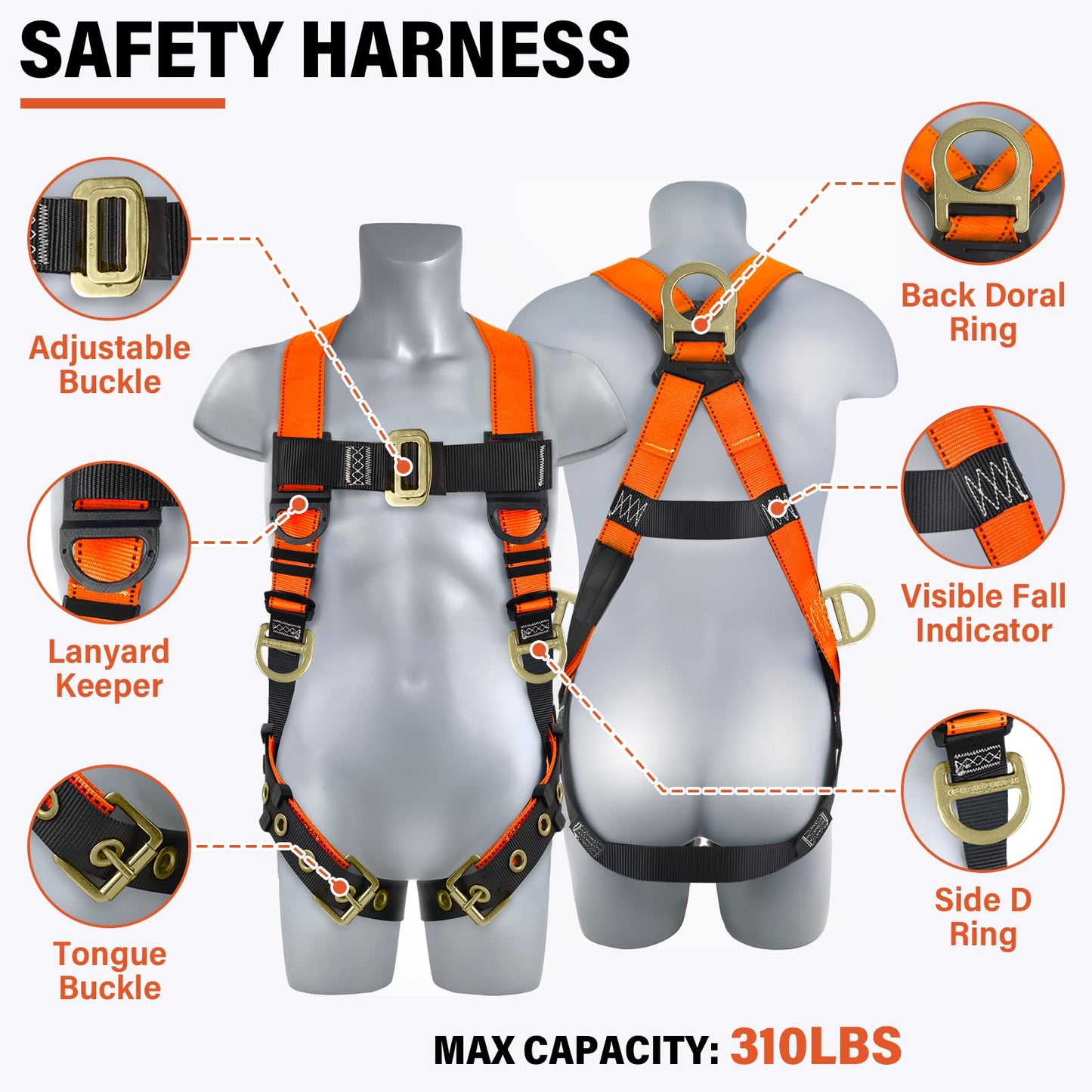 TT TRSMIMA Safety Harness Fall Protection Kit - Roofing Harnesses 50ft Safety Rope Lanyard Kit 5 Gallon Bucket Kit Roof Top Anchor Construction Work 20pcs Nails Included
