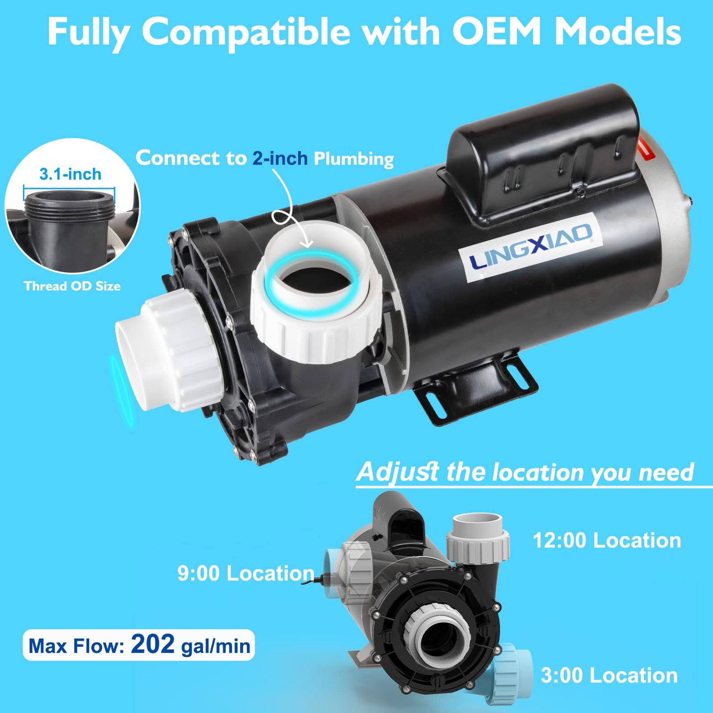 LINGXIAO SPA Pump, Single Speed SPA Hot Tub Pump - 56 Frame LX SPA Pump Motor 4HP, 220-240V, 2" Port (Model: 56WUA400-I)