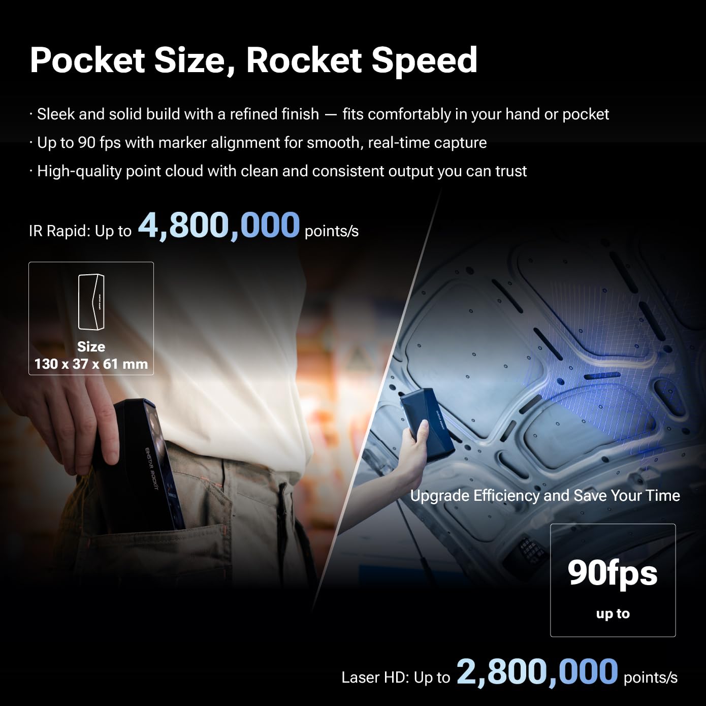 EINSTAR Rockit Wireless Laser 3D Scanner, 19+19 Crossed Lines Blue Laser, 7 Parallel Lines Blue Laser, Support Marker-Free Laser 3D scanning and VCSEL Infrared Light