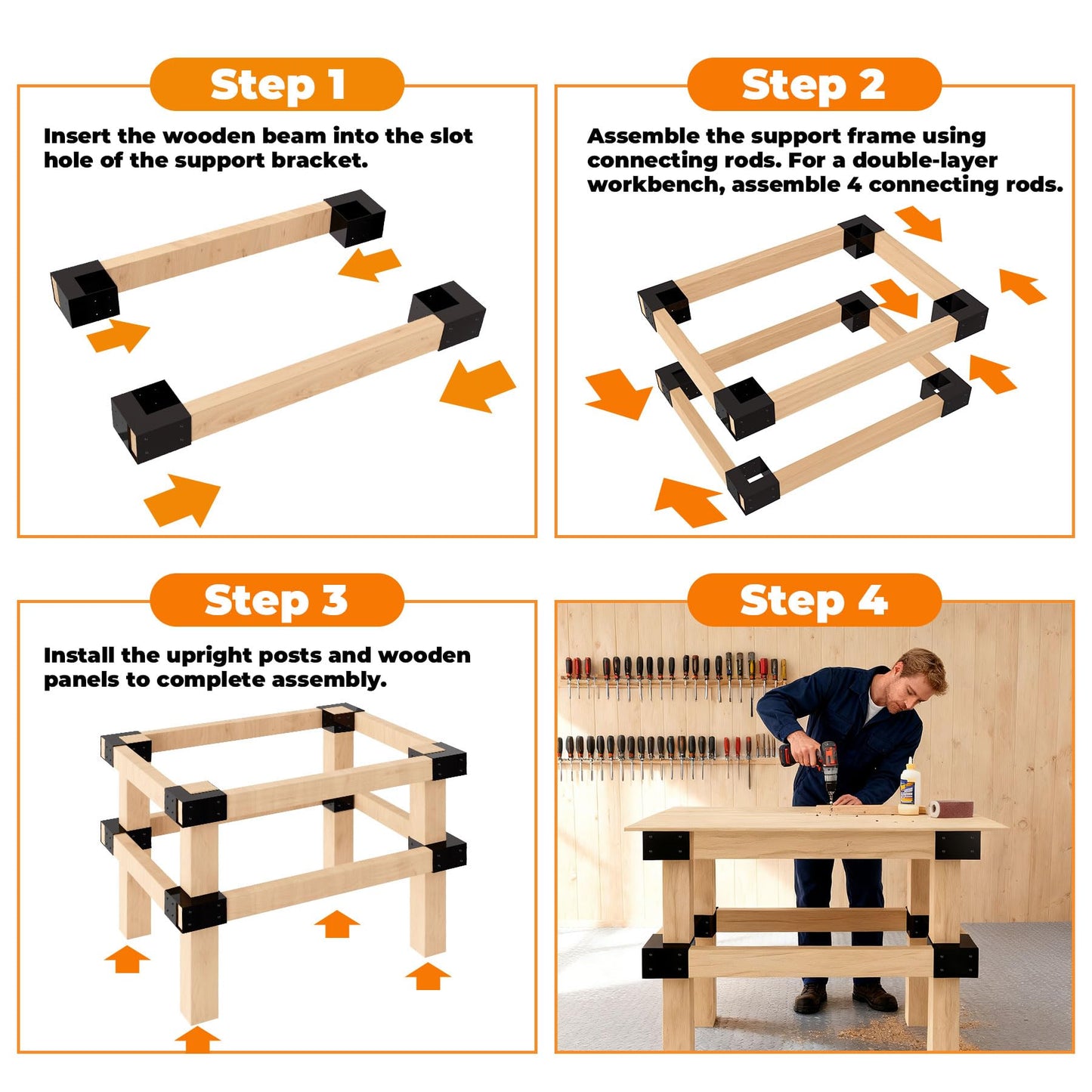 Heavy Duty Workbench Brackets Kit, 8 PCS 4''x4'' Workbench Leg Frame Braces, for 4x4 & 2x4 Lumber, DIY Table Building Kit with Pre-Drilled Holes for Workbench Table, Shelving, Garage Storage
