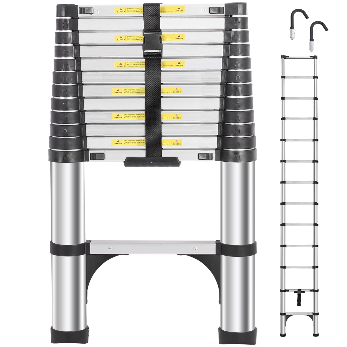 DEZEX Telescoping Ladders 16.5 FT Aluminum Ladder - One-Button Retraction Collapsible Extension Ladder with 2 Triangle Stabilizers & Hooks for Home, Outdoors, RV, Attic & Loft, Lasts 330 LBS